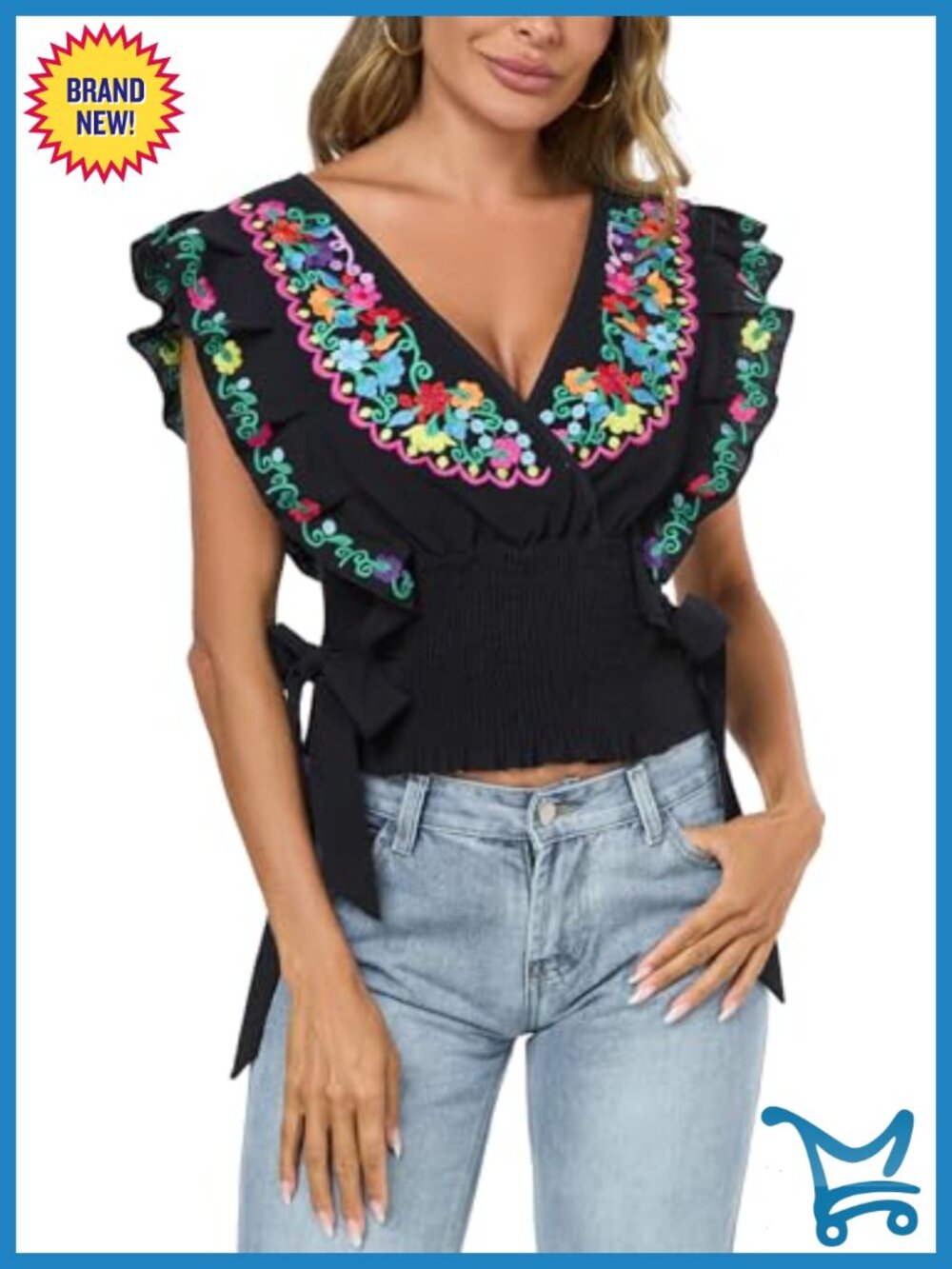 Women Mexican Embroidered Off-Shoulder Flutter Sleeve Tank Top Boho Cotton - Picture 4 of 6